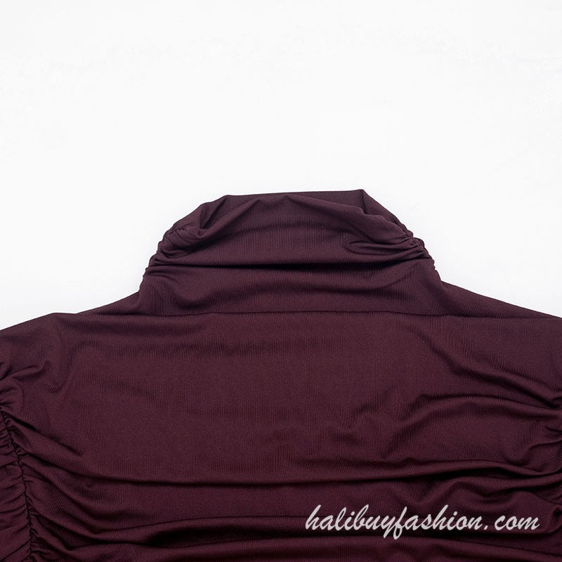 Turtle neck long flared sleeve ruched solid knit bodysuit - Halibuy - 6