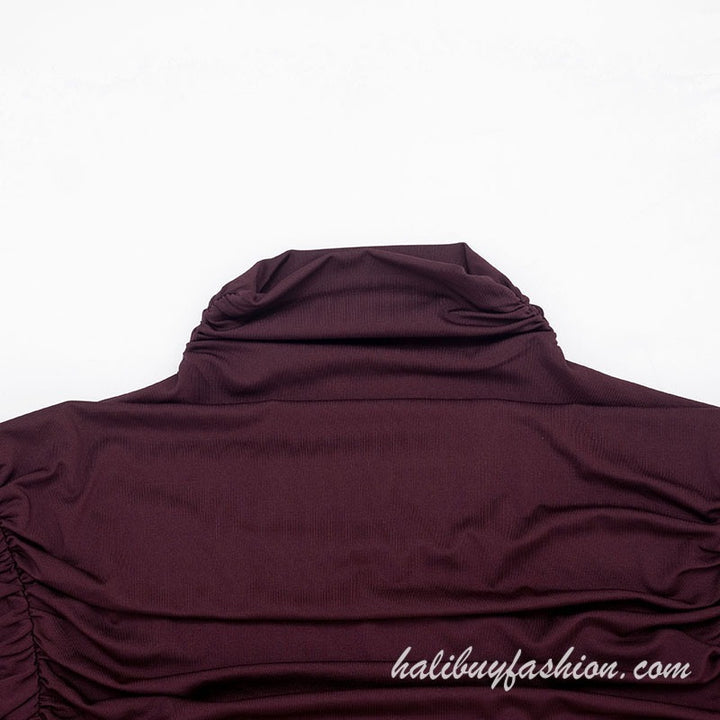 Turtle neck long flared sleeve ruched solid knit bodysuit - Halibuy - 6