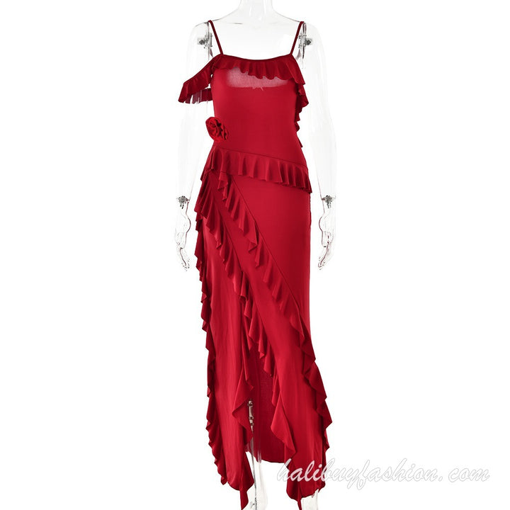 Spaghetti strap ruffle high slit backless solid cami maxi dress - Halibuy - 6
