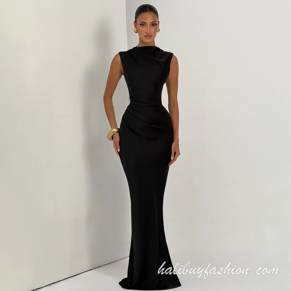 Sleeveless satin backless lace up solid high neck maxi dress - Halibuy - 6
