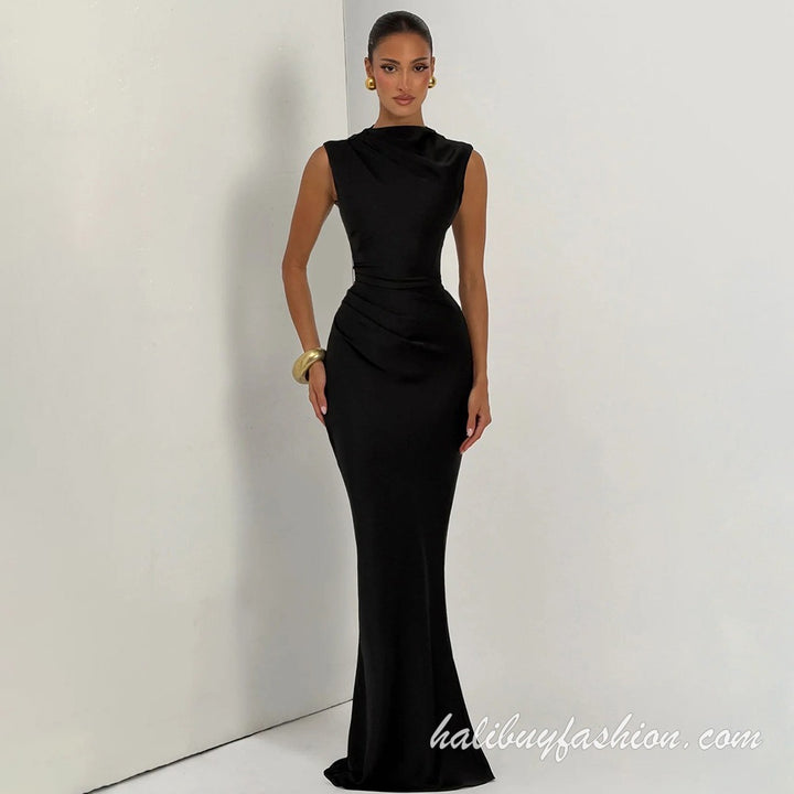 Sleeveless satin backless lace up solid high neck maxi dress - Halibuy - 6