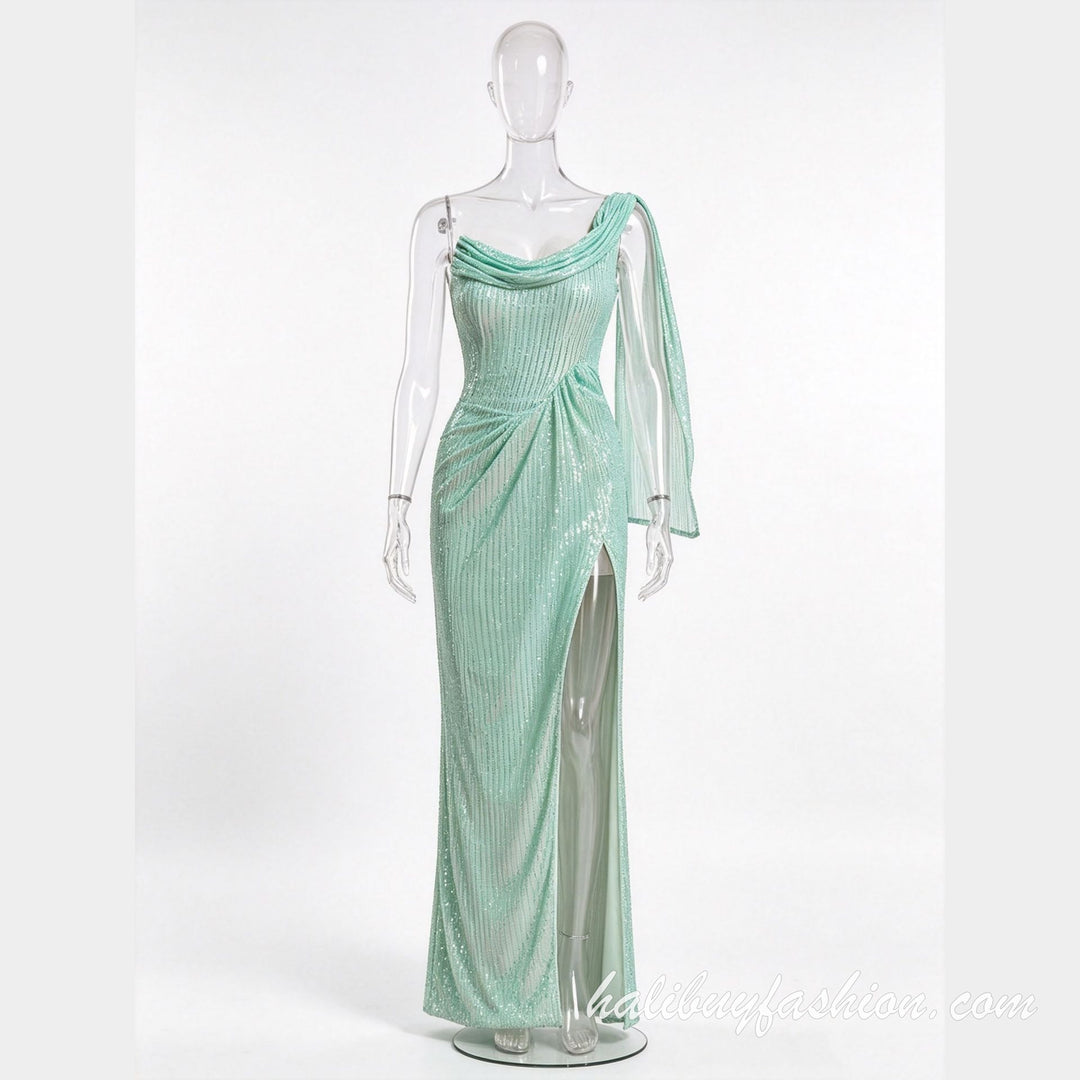 Glitter cowl neck high slit one shoulder backless long sleeve maxi dress - Halibuy - 6