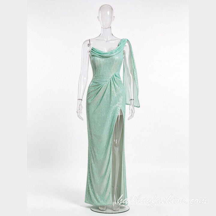 Glitter cowl neck high slit one shoulder backless long sleeve maxi dress - Halibuy - 6