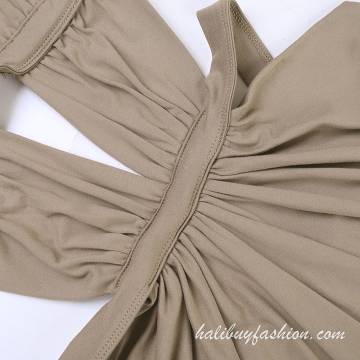 Long sleeve high neck hollow out ruched backless solid maxi dress - Halibuy - 6