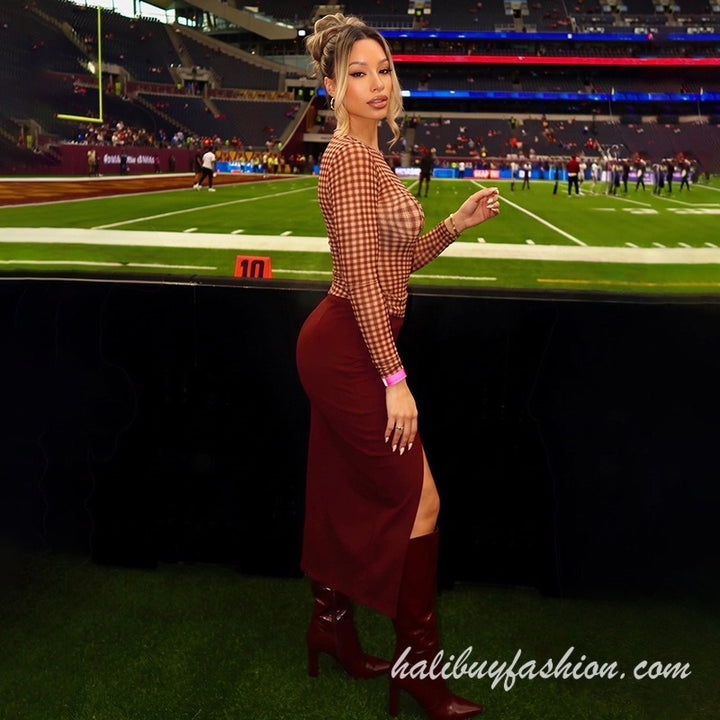 Long sleeve round neck plaid pattern high slit solid skirt set midi - Halibuy - 6