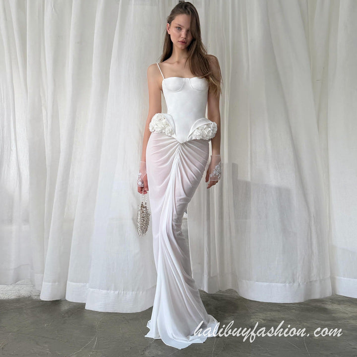 Spaghetti strap corset flower applique ruched high slit satin skirt set maxi - Halibuy - 6