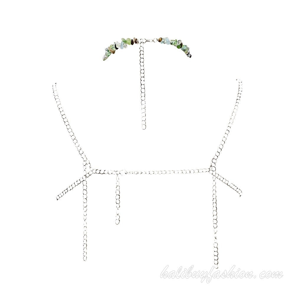 Halter beaded tassels backless metal chain top - Halibuy - 5