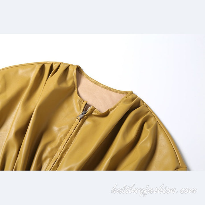 PU leather long sleeve solid zip-up corset ruched coat top - Halibuy - 6