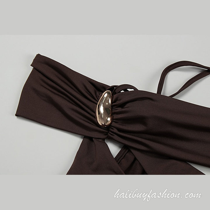 One shoulder ruched hollow out pleated solid o ring maxi dress - Halibuy - 6