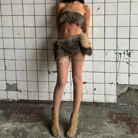 Fluffy backless contrast tube mini skirt set  | Festival Outfits Women