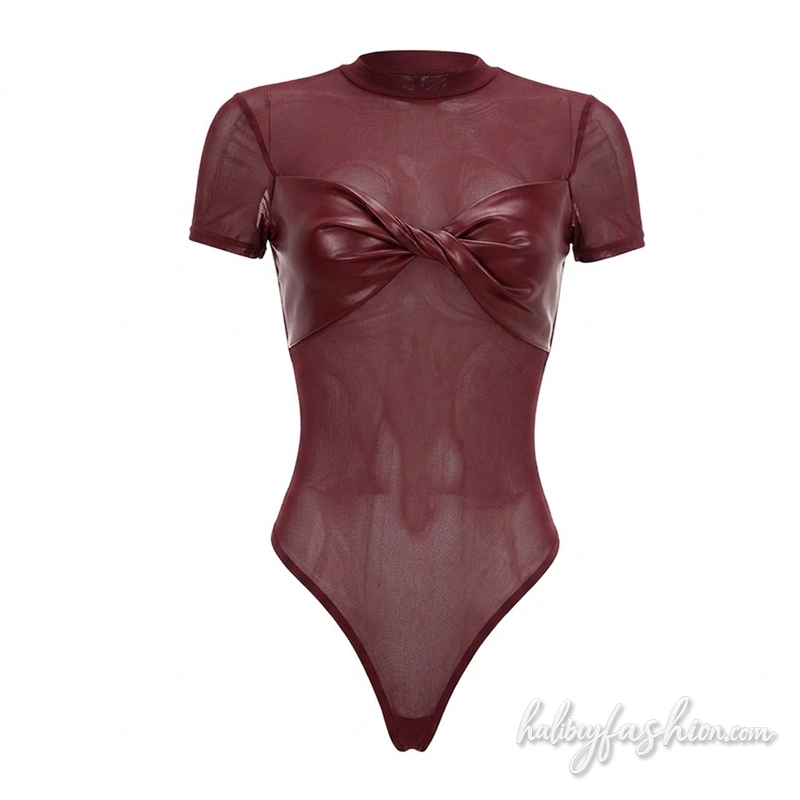 Crewneck short sleeve ruched mesh bodysuit