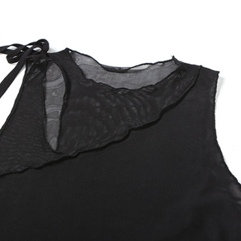 Hollow out mesh crewneck ruffle solid cut out top  | Festival Outfits Women