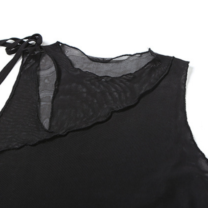 Hollow out mesh crewneck ruffle solid cut out top  | Festival Outfits Women