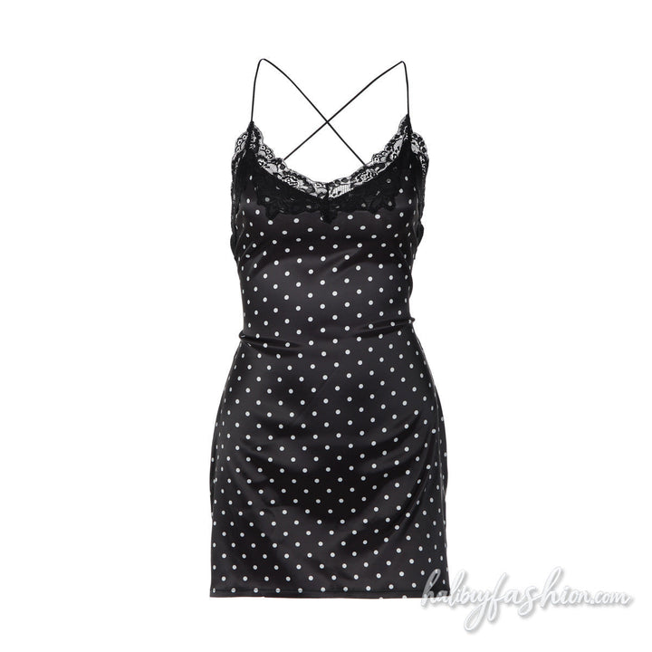 Cross back spaghetti strap lace hem polka dot mini dress - Halibuy