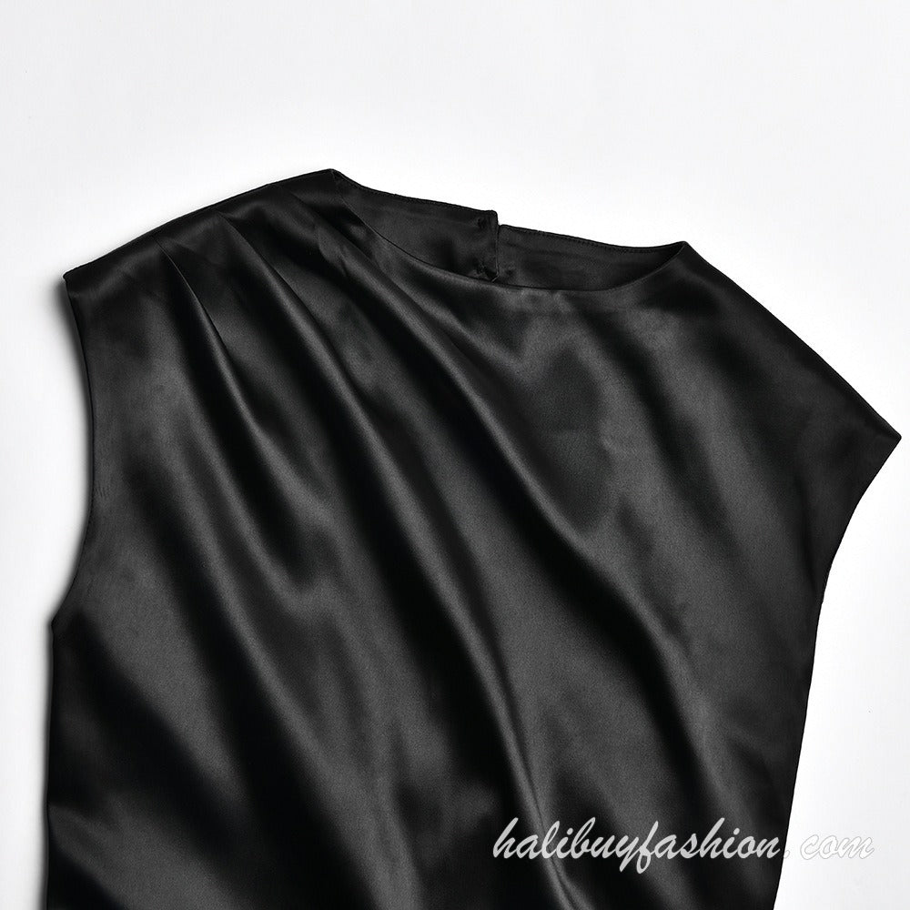 Sleeveless satin backless lace up solid high neck maxi dress - Halibuy - 7