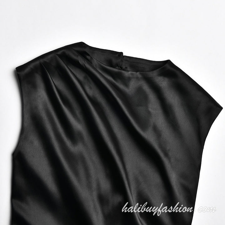 Sleeveless satin backless lace up solid high neck maxi dress - Halibuy - 7