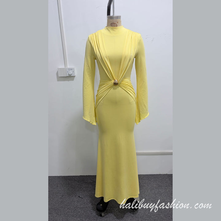 High neck long flared sleeve ruched solid button maxi dress - Halibuy - 7
