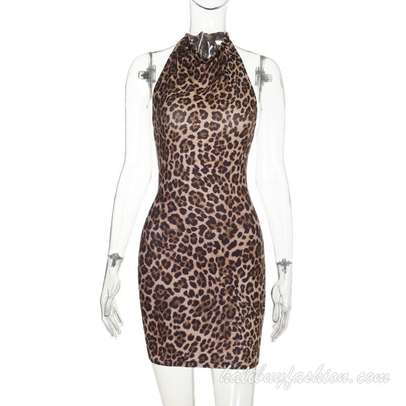 Halter leopard print backless self tie sleeveless mini dress - Halibuy - 7