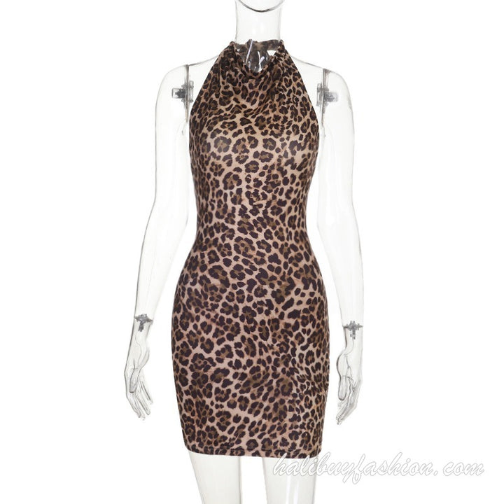 Halter leopard print backless self tie sleeveless mini dress - Halibuy - 7