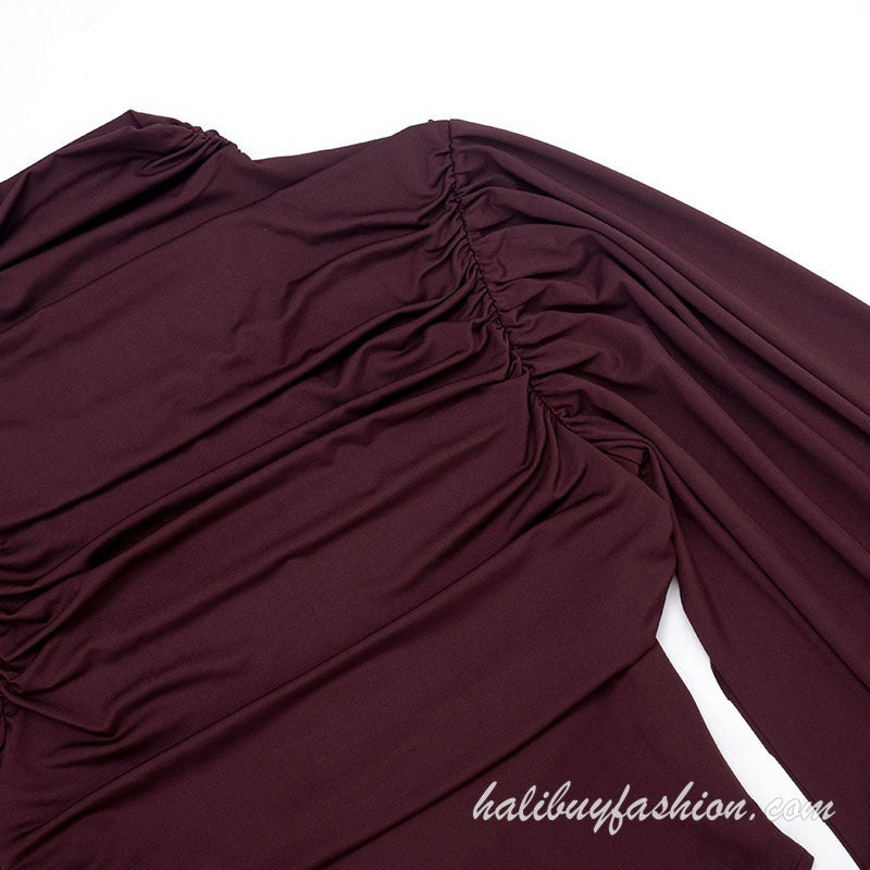 Turtle neck long flared sleeve ruched solid knit bodysuit - Halibuy - 7