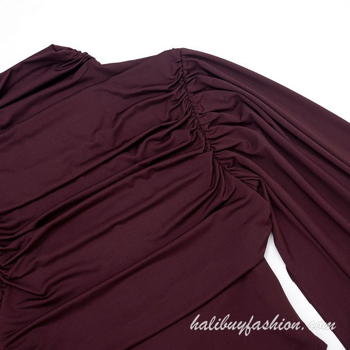 Turtle neck long flared sleeve ruched solid knit bodysuit - Halibuy - 7