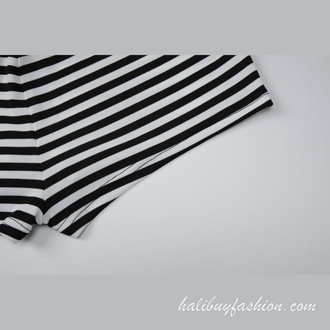 Striped long sleeve u neck contrast drawstring low rise pant set - Halibuy - 7