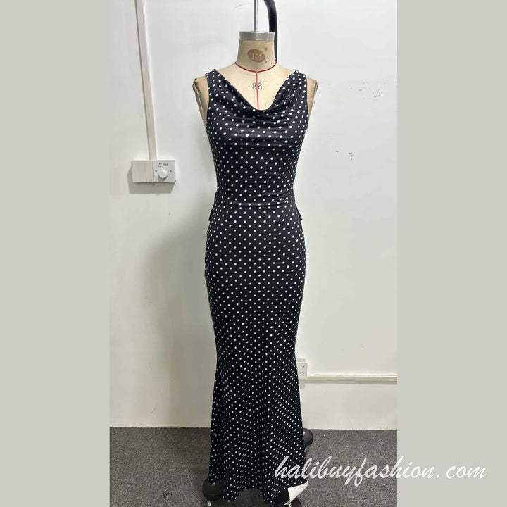 Polka dot cowl neck sleeveless lace see through cami maxi dress - Halibuy - 7