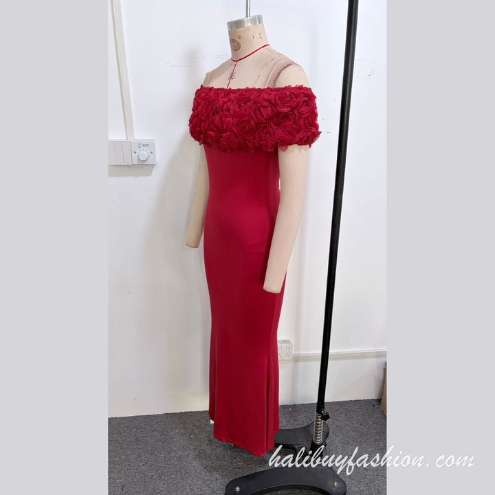 Off shoulder applique solid knit maxi dress - Halibuy - 7