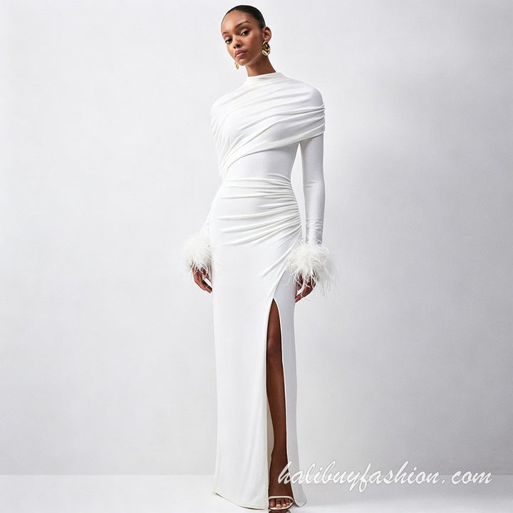 Feather long sleeve high slit solid ruched 2 piece dress maxi - Halibuy - 7