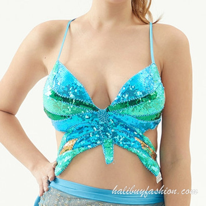 Spaghetti strap sleeveless glitter butterfly pattern deep v neck crop top - Halibuy - 7