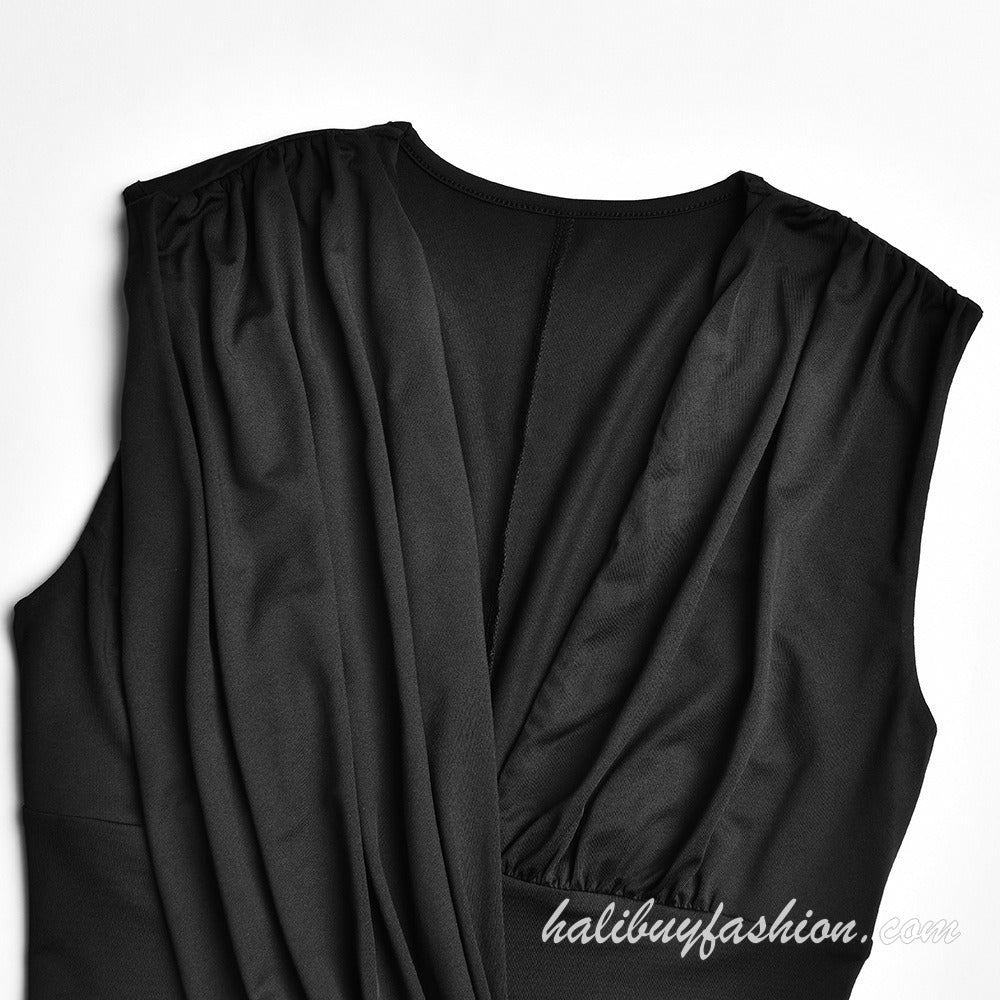 Sleeveless deep v neck solid high slit ruched drawstring maxi dress - Halibuy - 7