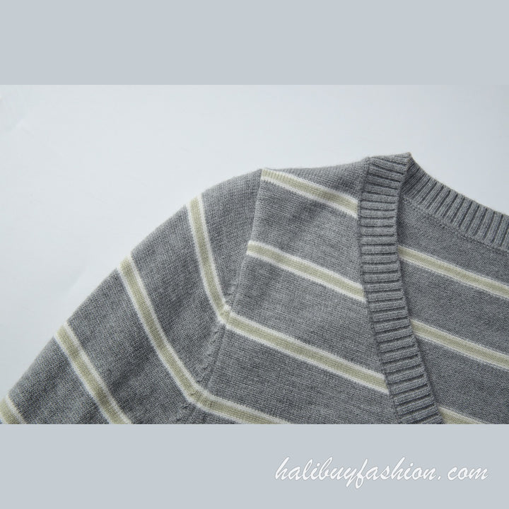 Deep v neck striped long sleeve knitted ribbed mini dress - Halibuy - 7