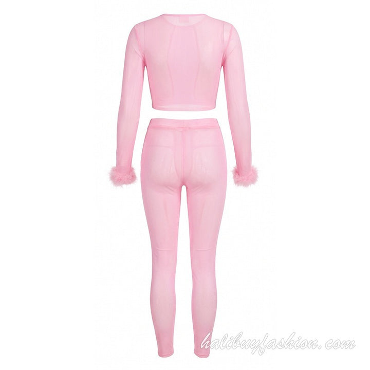 Long sleeve sheer mesh feather solid patchwork pant set - Halibuy - 7