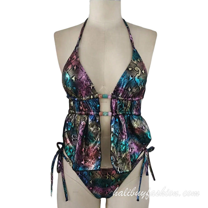 Halter backless metallic self tie swimwear - Halibuy - 7