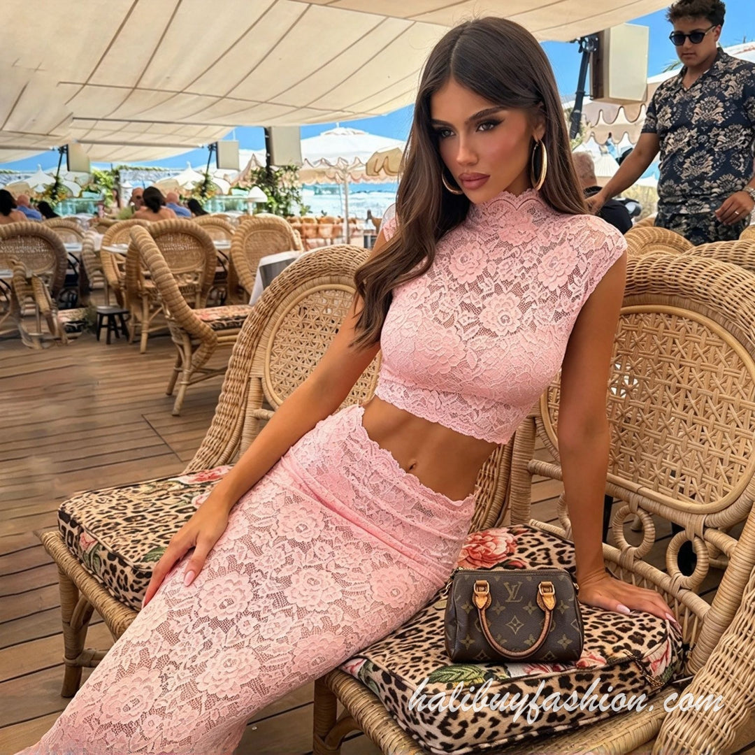 Lace solid high neck sleeveless see through skirt set maxi - Halibuy - 7