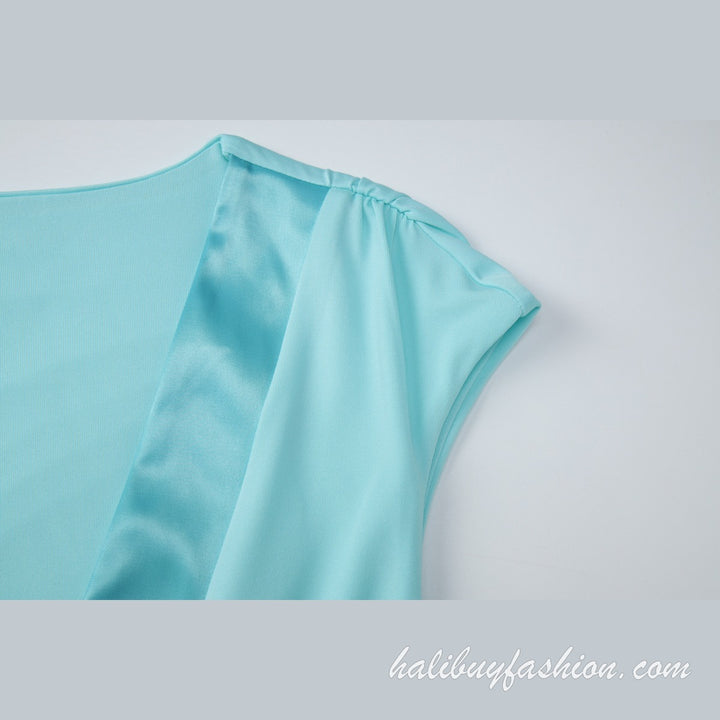 Deep v neck ruched cap sleeve solid knit top - Halibuy - 7