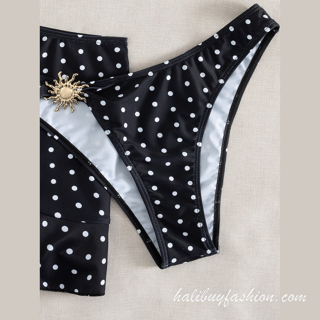 Polka dot spaghetti strap ruffle padded self tie buckle swimwear - Halibuy - 7