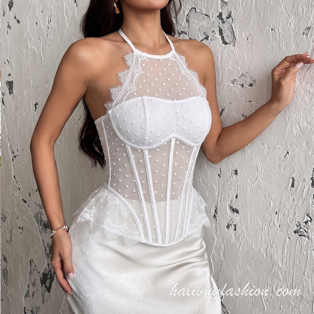 Halter polka dot mesh corset lace up backless top - Halibuy - 7