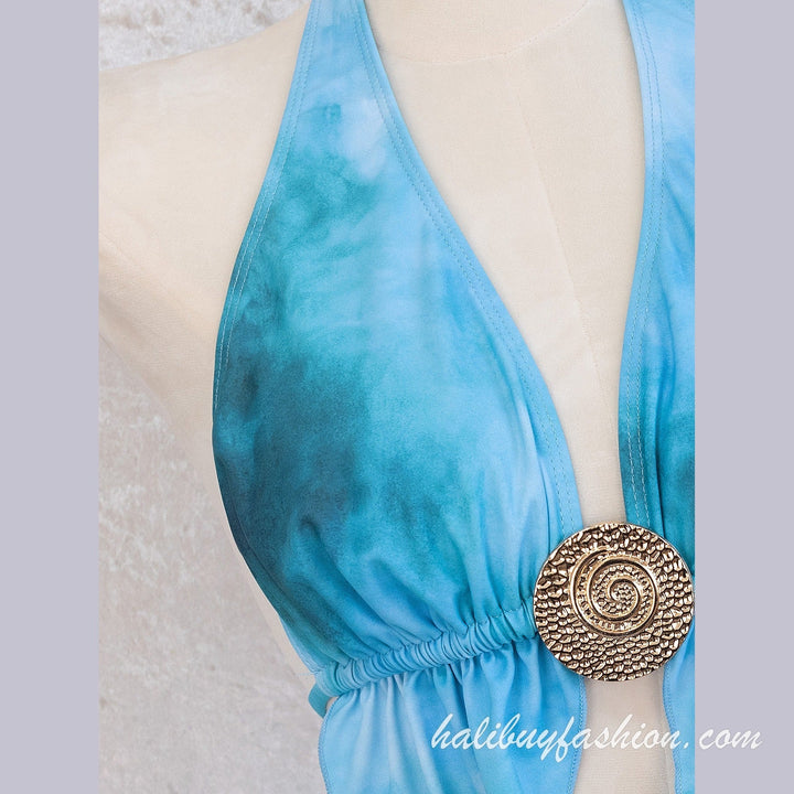 Halter tie dye backless cut out self tie swimwear - Halibuy - 7