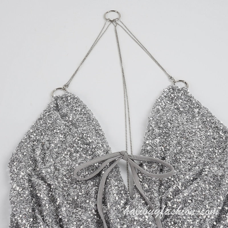 Halter glitter backless ruched drawstring metal chain mini dress - Halibuy - 7