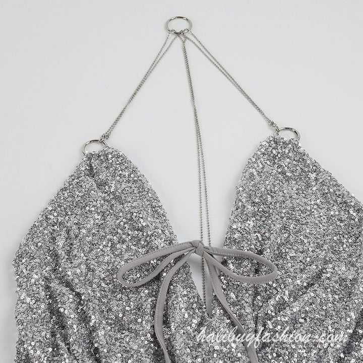 Halter glitter backless ruched drawstring metal chain mini dress - Halibuy - 7