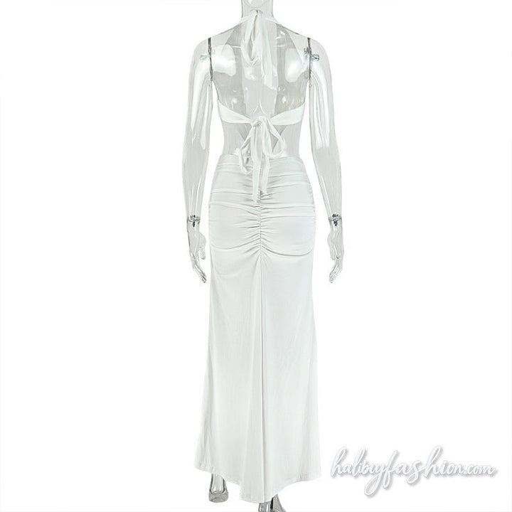 Ruched deep V neck halter self tie slit maxi dress - Halibuy - 5