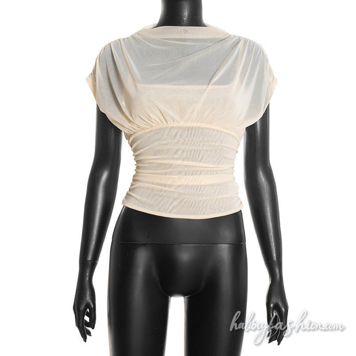Ruched mesh crewneck solid top
