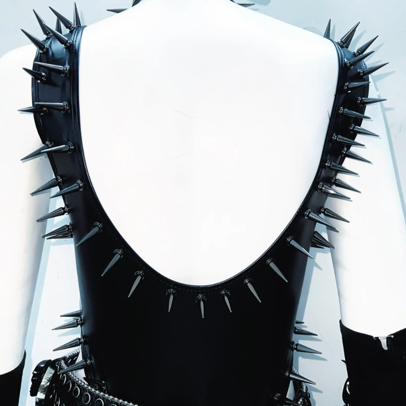 PU leather u neck rivet applique o ring hollow out bodysuit  | Festival Outfits Women