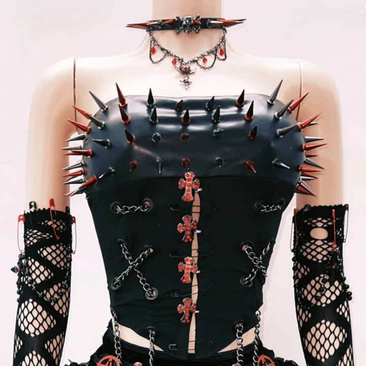 Metal chain rivet applique hollow out tube cut out top  | Festival Outfits Women