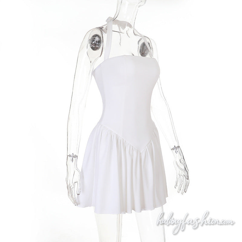 Halter self tie ruched square neck zip-up mini dress
