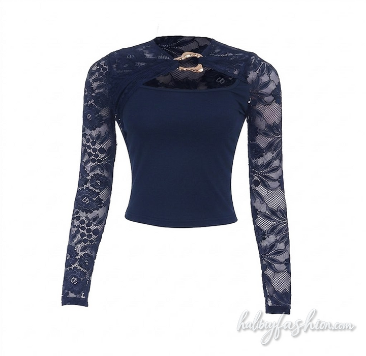 Long sleeve lace hollow out solid top