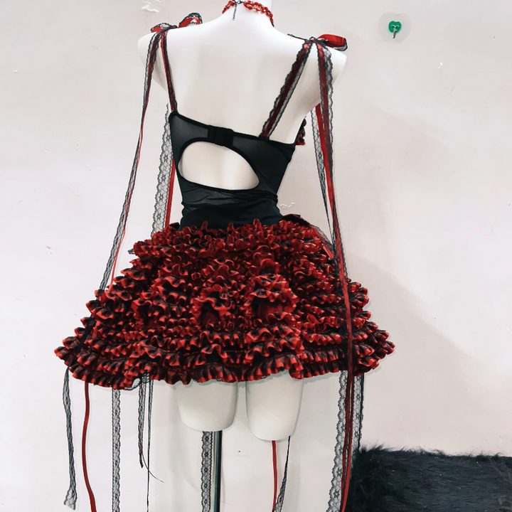 Bowknot ruffle self tie hollow out mini skirt set  | Festival Outfits Women