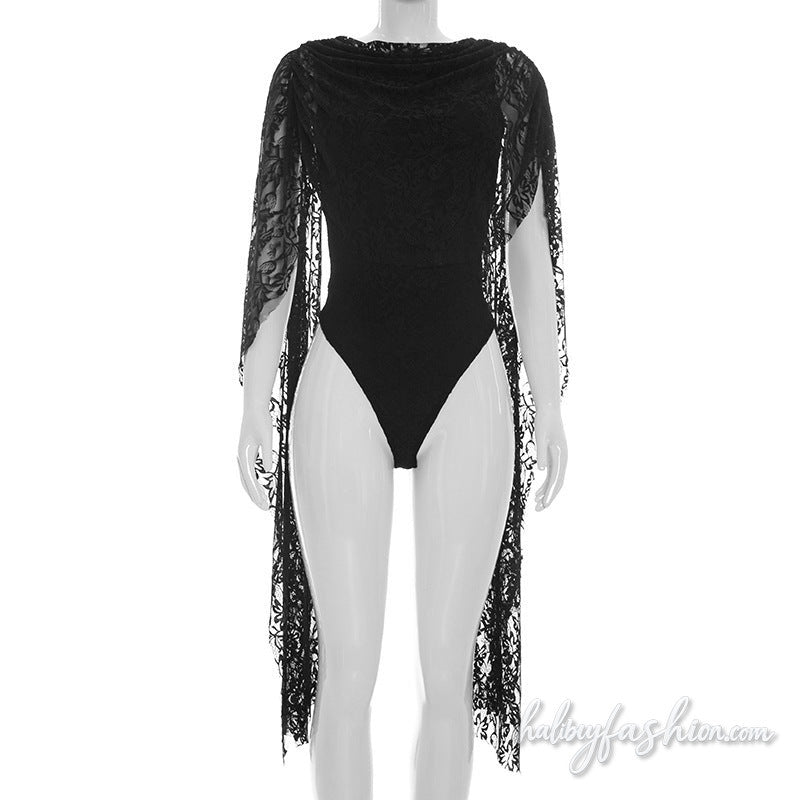 Lace crewneck button solid backless bodysuit