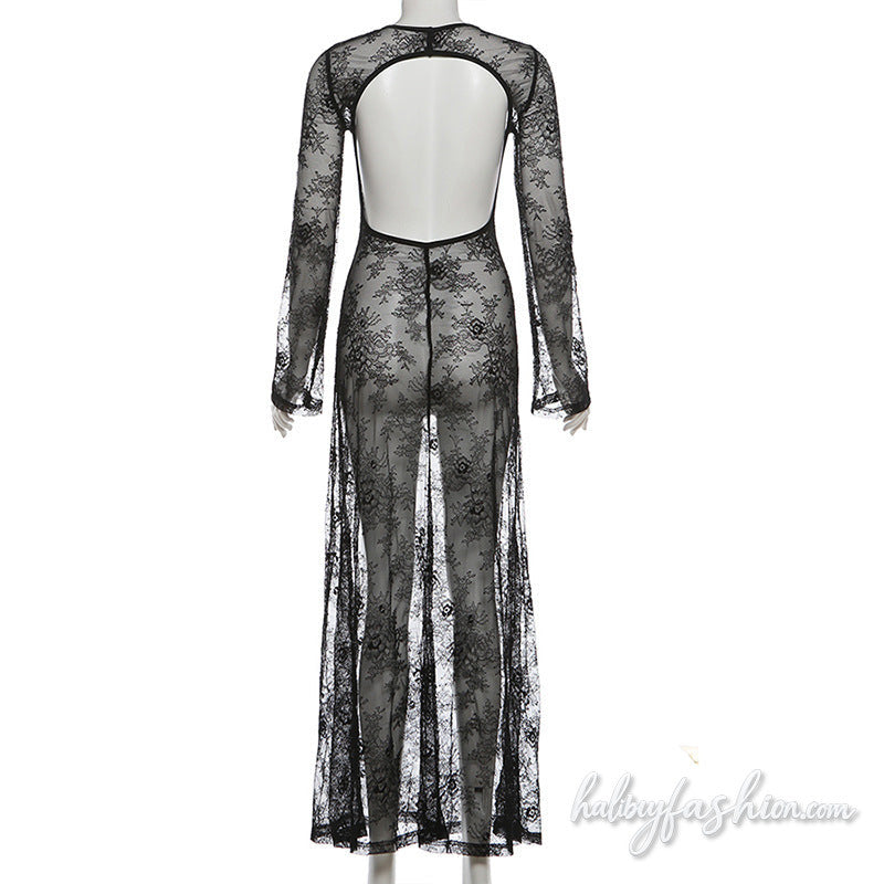 Long sleeve crewneck lace see through maxi dress